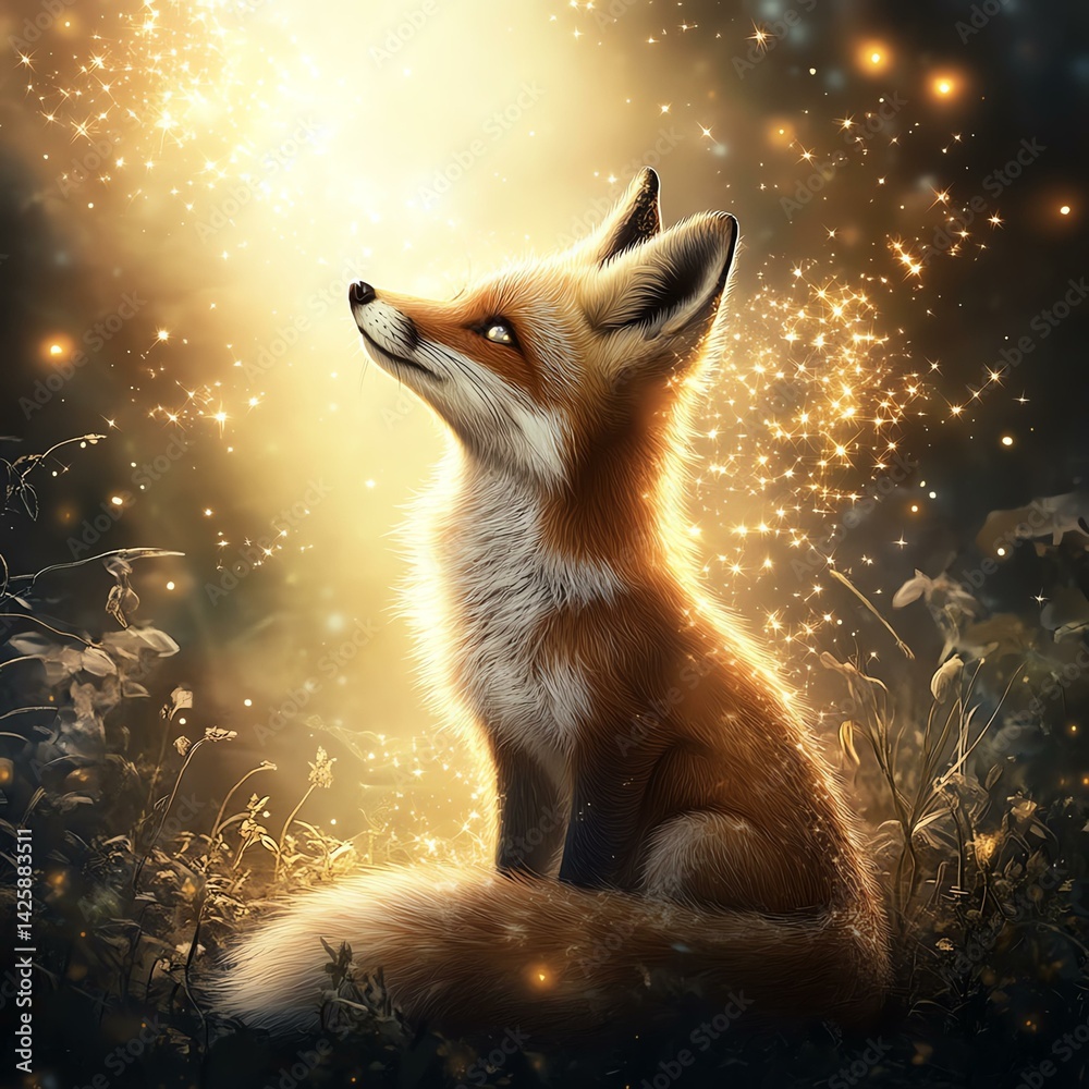 Obraz premium A majestic fox illuminated by magical sparks in a serene natural setting.