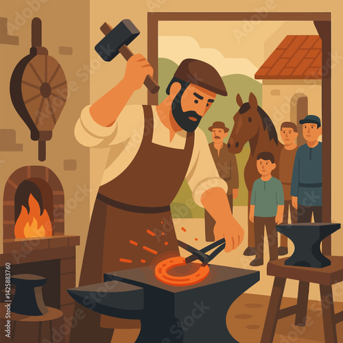 Blacksmith Shaping Horseshoe with Hammer in Workshop with Onlookers