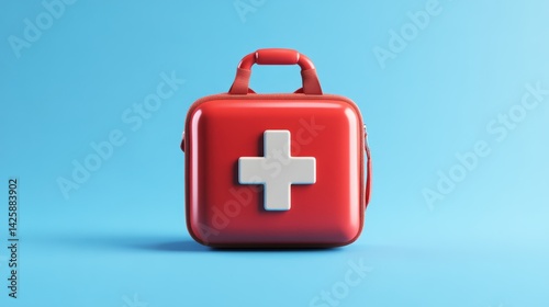 A vibrant red first-aid kit displaying a prominent white cross, poised against a soft, soothing light blue background for medical assistance imagery.