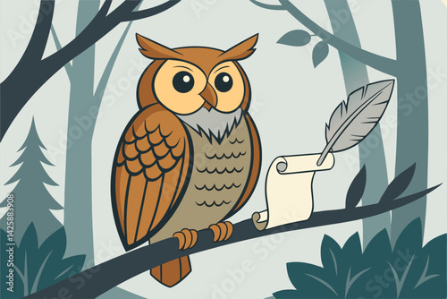 Owl Perched on Branch Vector Symbol of Wisdom and Deep Thought