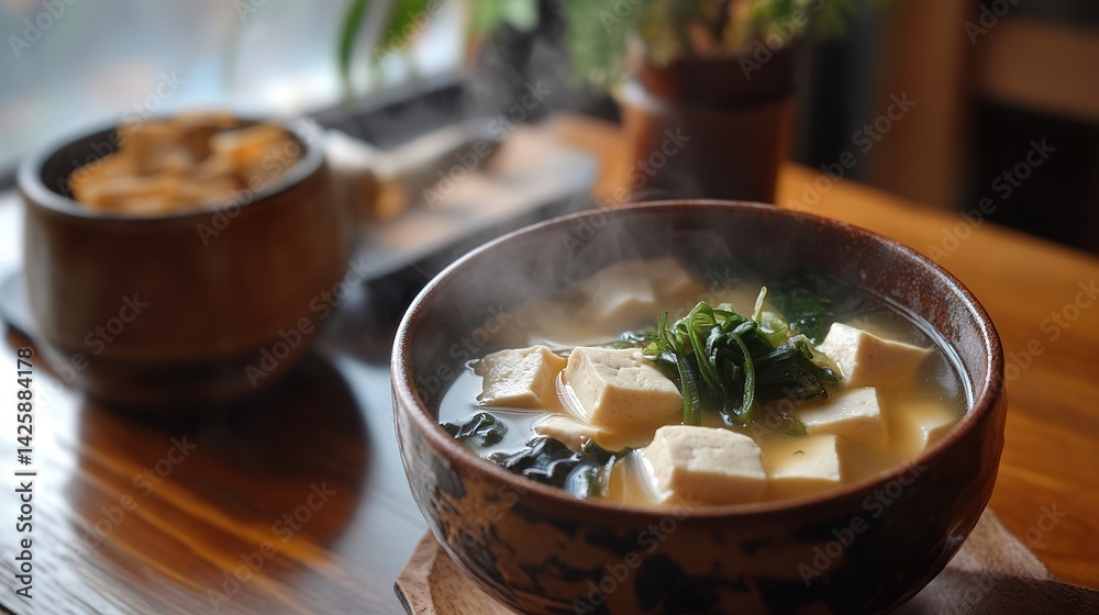 A cozy morning setting with a steaming bowl of miso soup and fresh tofu. A cozy morning setting with a steaming bowl of miso soup and fresh tofu.