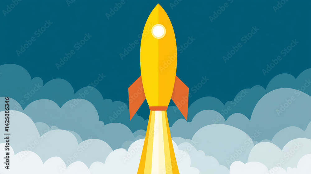 Flat illustration of yellow rocket launching into sky with smoke clouds and blue background. Space exploration and startup concept for design and web