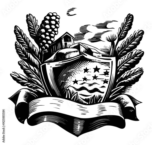 Vintage Hand Drawn Illustration of Shield with Nature Elements