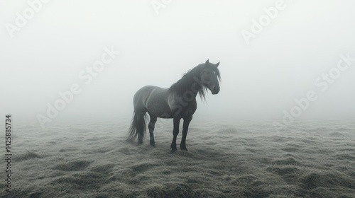 Solitary horse in a misty field photo