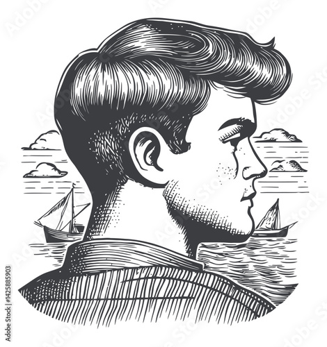 Hand-Drawn Illustration of a Young Man Facing a Serenity at Sea