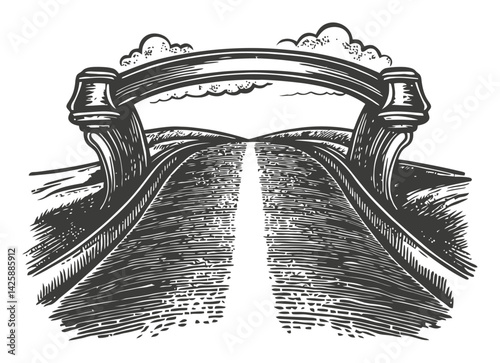 Hand-Drawn Illustration of a Majestic Road Under an Arch Bridge