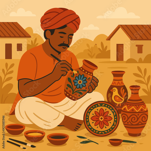 Artisan Painting Clay Pottery in Traditional Village Setting Illustration
