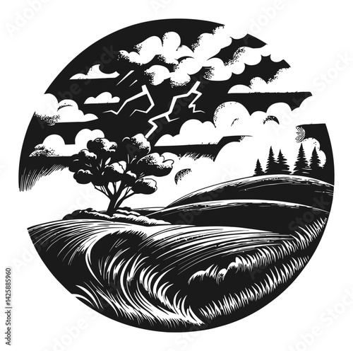 Black and White Hand Drawn Landscape Illustration with Clouds and Tree