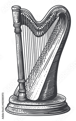 Hand Drawn Illustration of Vintage Harp with Detailed Design Elements