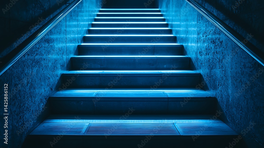 Fototapeta premium Blue Neon Staircase: Ascending into the Unknown