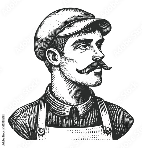 Vintage Hand-Drawn Illustration of a Mustached Man in Profile