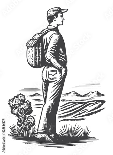 Hand Drawn Illustration of a Hiker Overlooking Nature Scenery