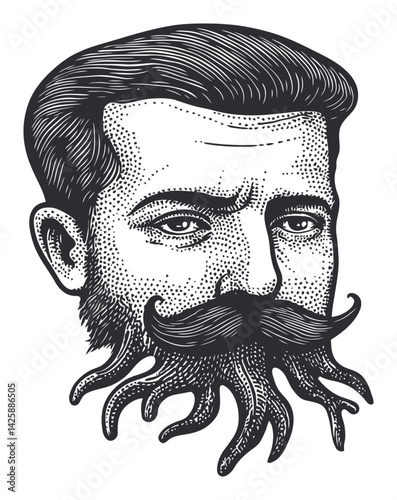Vintage Hand Drawn Illustration of a Man with a Unique Mustache