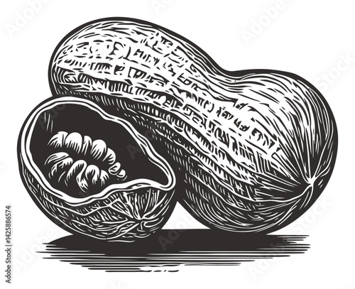Hand-Drawn Illustration of Peanuts in Shell on White Background