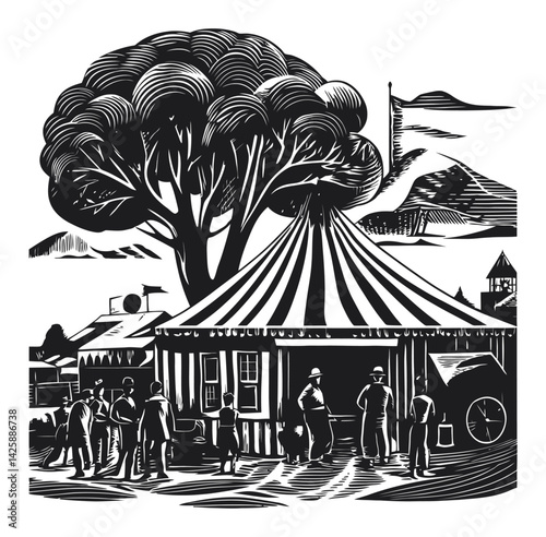 Detailed Hand-Drawn Illustration of a Circus Tent with Tree and Crowd
