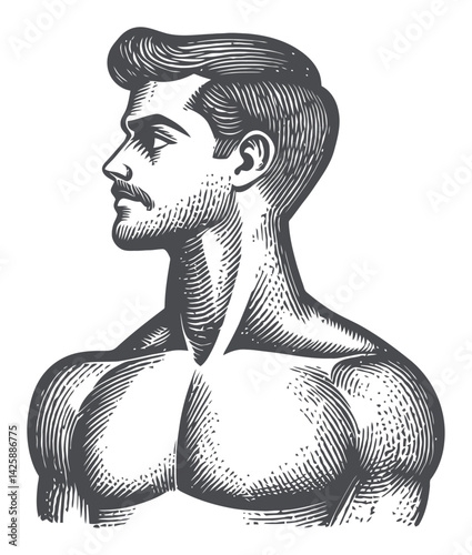 Hand-Drawn Illustration of a Muscular Man in Profile View