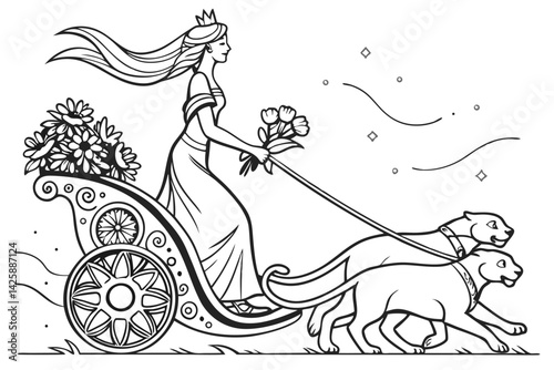 Elegant Queen Riding Chariot Pulled by Leopards, Line Art Vector Illustration.