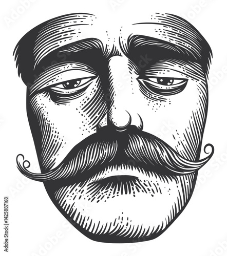 Hand Drawn Illustration of a Somber Mustached Man's Face