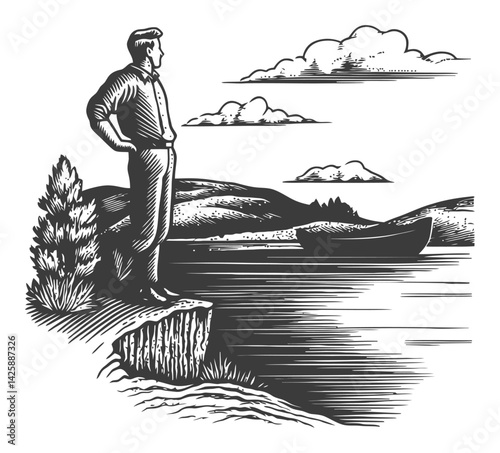 Hand Drawn Illustration of a Man Standing by a Serene Lake