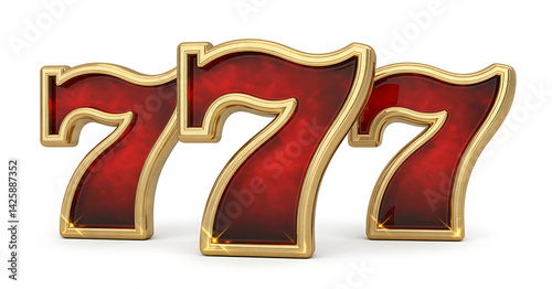 Obraz na płótnie Three lucky sevens with gold trim and a red interior presented on a white background. w salonie