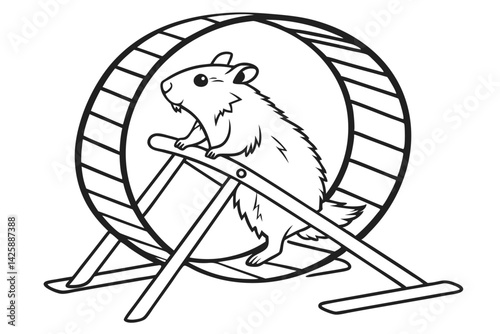 Line art illustration of a hamster on a running wheel for coloring page