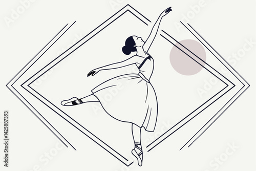 Graceful Ballerina Performing in Geometric Frame, Elegant Line Art Illustration on Neutral Background.