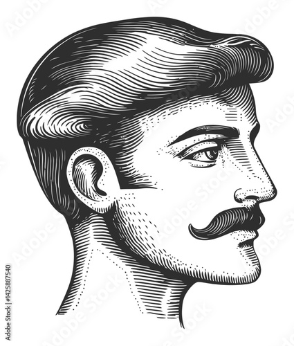 Vintage Hand-Drawn Illustration of a Man with Mustache Profile View