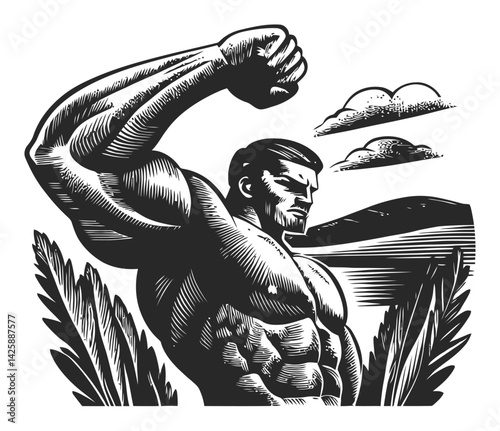 Strong Man Raising Arm in Bold Hand Drawn Illustration Style