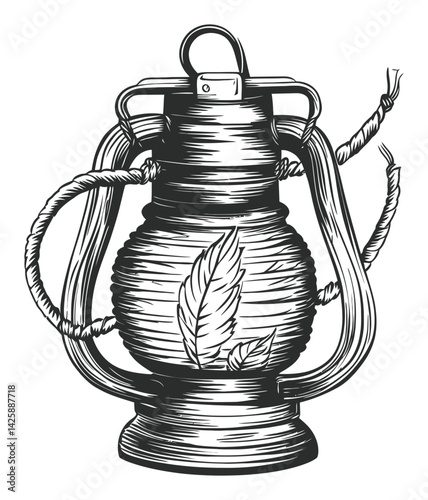 Vintage Hand-Drawn Lantern Illustration in Black and White Style