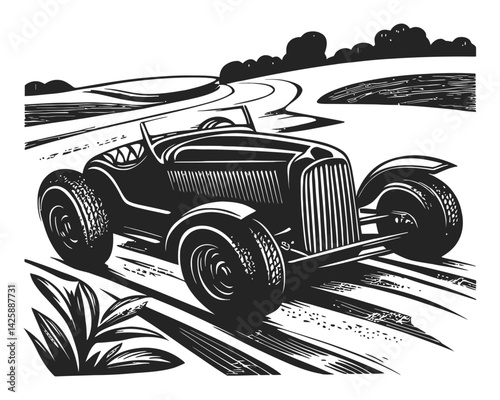 Vintage Car Illustration in Landscape Setting with Hand Drawn Style