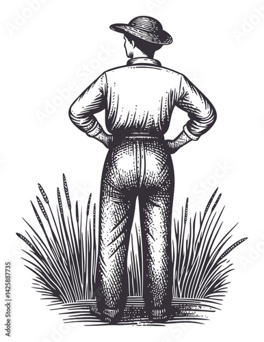 Detailed Hand-Drawn Illustration of Man in Field with Hat