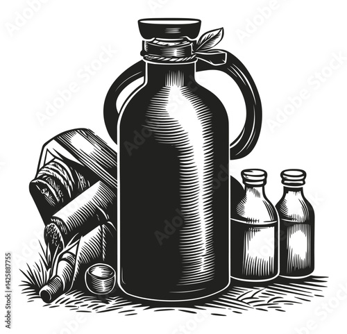 Hand Drawn Illustration of Vintage Milk Bottle with Jars and Grass