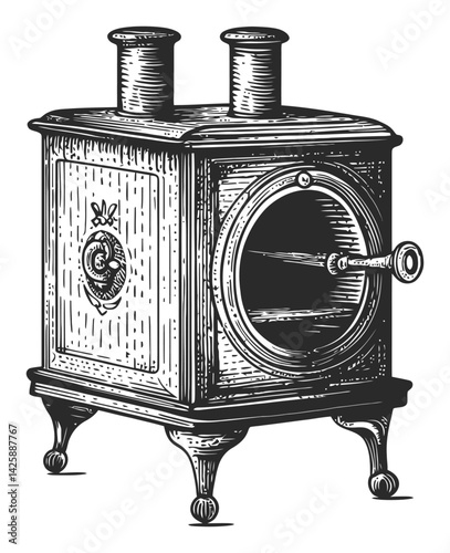 Vintage Hand-Drawn Illustration of a Classic Wood Stove Design