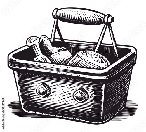 Hand Drawn Illustration of a Vintage Market Basket with Items