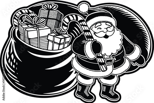 Vector Santa Claus with a sack full of presents and candy cane.