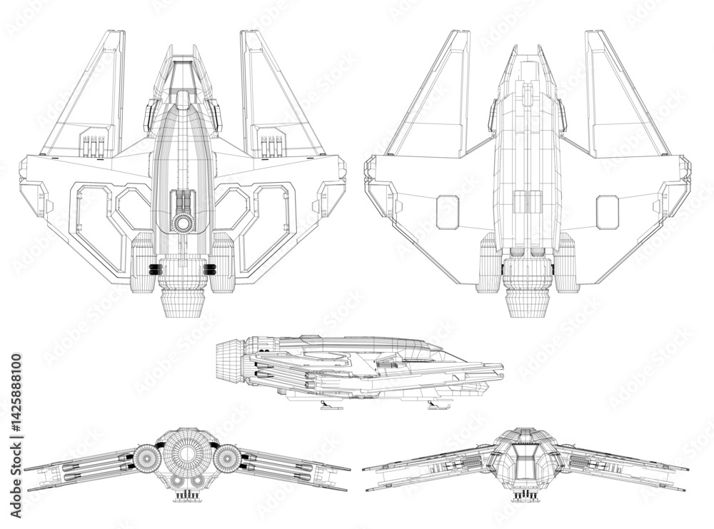 A drawing of a spaceship with a black background. The spaceship is shown from the side and the front A drawing of a spaceship with a black background. The spaceship is shown from the side and the front
