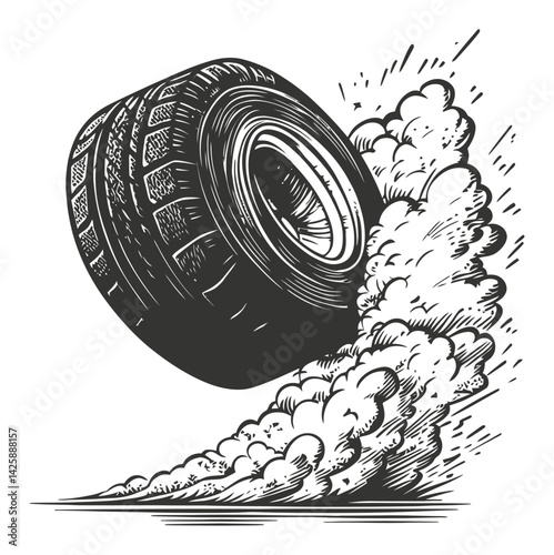 Hand Drawn Illustration of Tire with Smoke Clouds in Motion