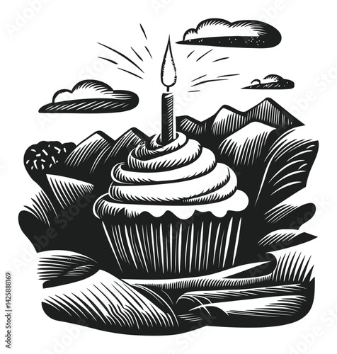 Hand-Drawn Illustration of a Cupcake Topped with a Candle