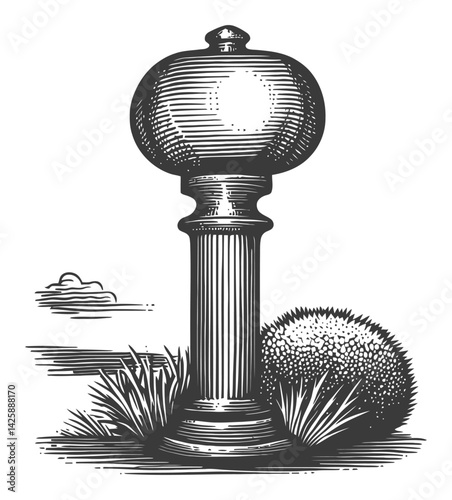 Hand Drawn Illustration of Decorative Garden Post with Surroundings