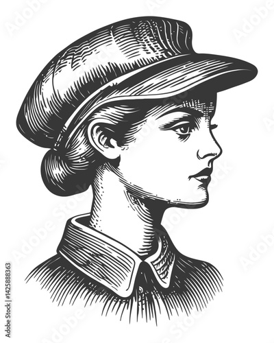 Vintage Hand-Drawn Illustration of a Female Profile with Hat