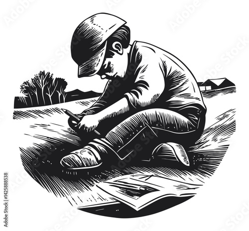 Hand-Drawn Illustration of a Young Boy Concentrating Outdoors
