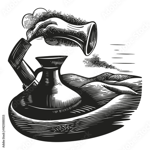 Hand-Drawn Illustration of a Teapot Pouring Water into a Glass