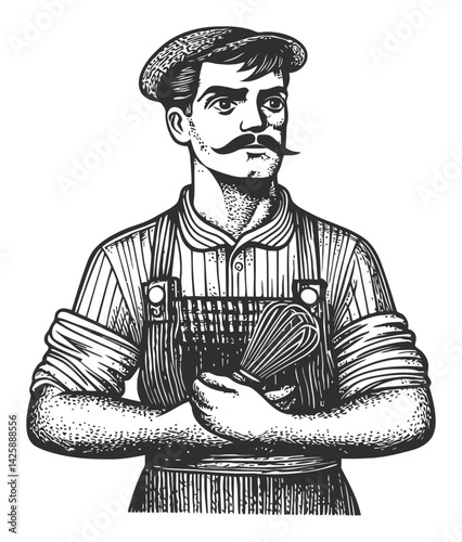 Hand-Drawn Vintage Chef Illustration with Whisk and Mustache