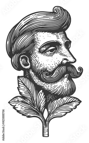 Hand Drawn Illustration of a Vintage Gentleman with Leaf Accent