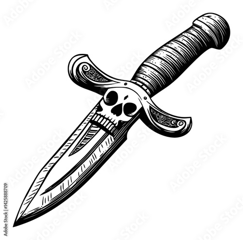 Hand Drawn Illustration of a Decorative Knife with Skull Design