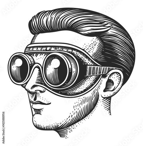 Vintage Hand Drawn Illustration of Man Wearing Goggles
