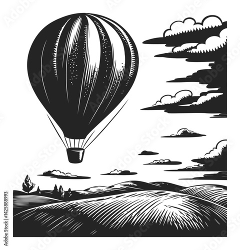 Hand-Drawn Illustration of a Hot Air Balloon Over Fields and Clouds