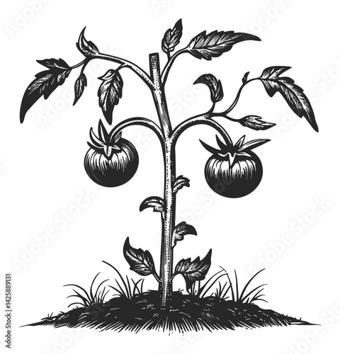 Hand-Drawn Illustration of Tomato Plant with Fruits and Leaves
