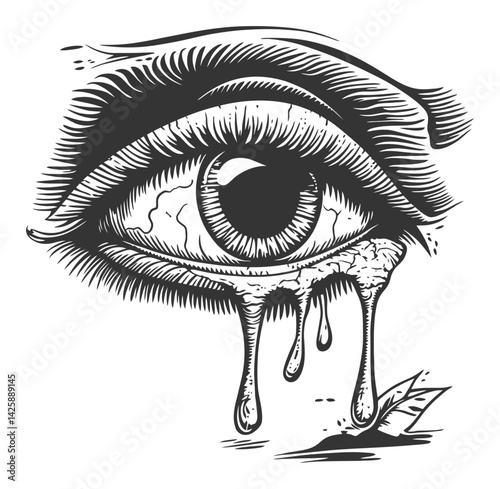 Hand-Drawn Illustration of Eye with Tear and Dramatic Detail