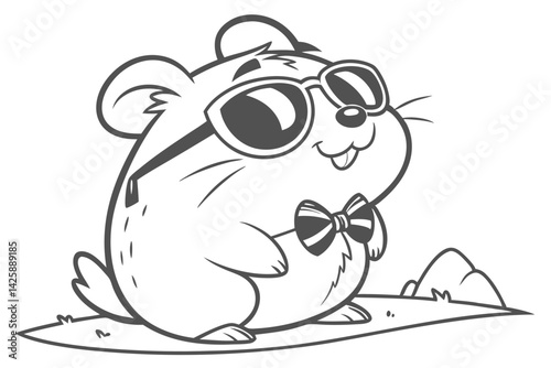 Cartoon Hamster in Sunglasses and Bowtie Line Art Illustration for Coloring Page.